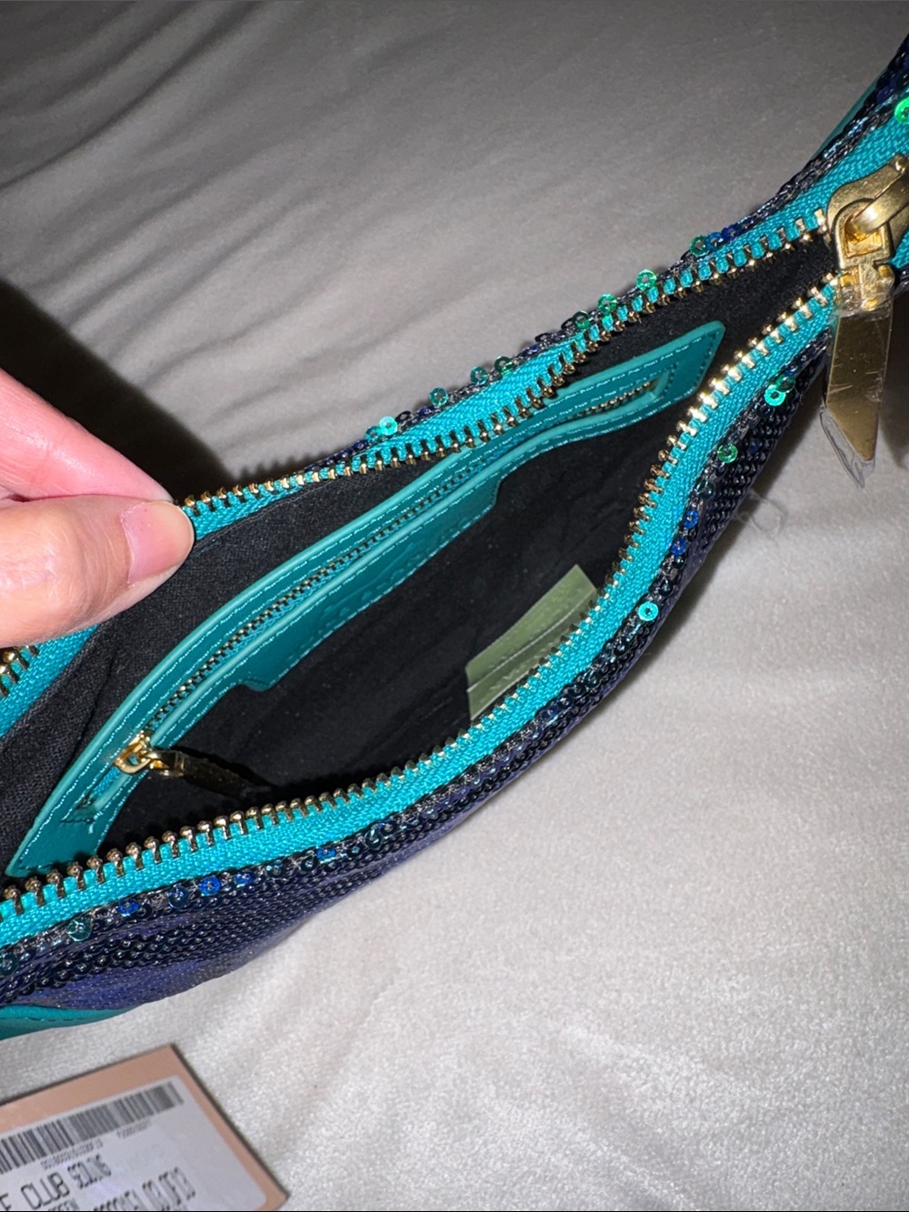 NWT VOILE BLANCHE CLUB Forest Green and Blue Sequins Shoulder Bag - Picture 9 of 10